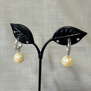 Vintage Monet Silver Tone Hoop Clip On Earrings with Pearl Drop